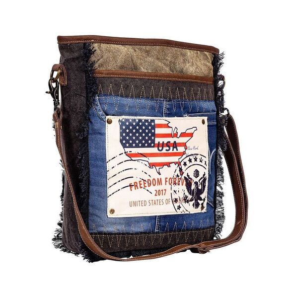 Myra Bag Handmade Freedom Shoulder Bag Upcycled Canvas & Cowhide Leather - Picture 9 of 12